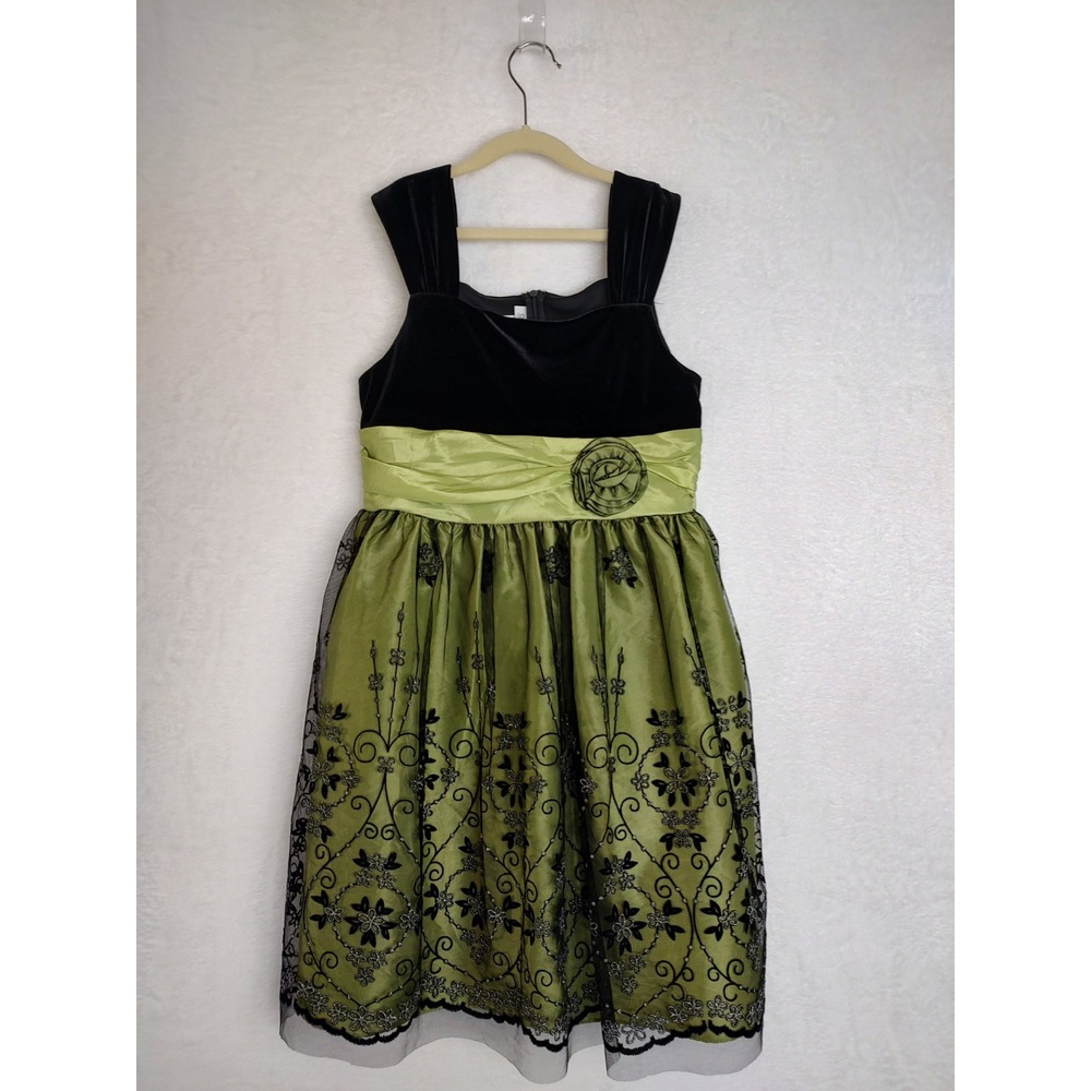 Bonnie Jean Girls Size 16 Black Velvet Green Mesh Floral Party Dress X46392-C